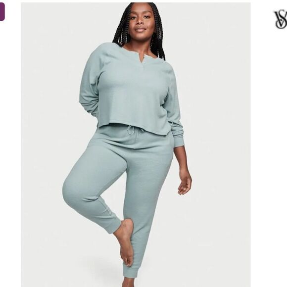 Victoria’s Secret Glow Waffle Henley Jogger thermal Pajama Set Sage XXL - Picture 4 of 7